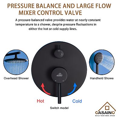 Casainc Round Shower Faucet Set Rain Head Wall Mount Mixer Taps with hand Spray