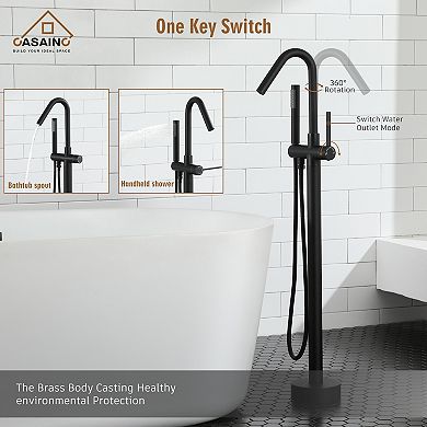 Single-Handle High Arch Floor Mounted Freestanding Tub Faucet with Handshower