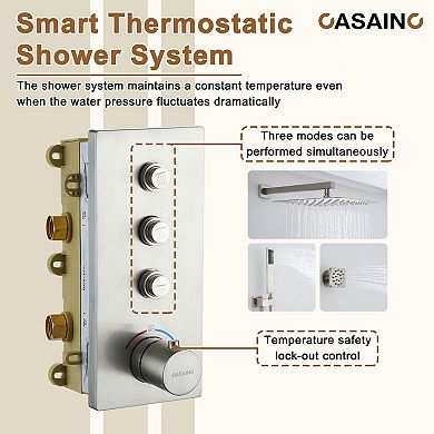 Luxury Thermostatic 2-Spray Patterns 12 in. Flush Wall Mount Rainfall Dual Shower Heads with 6-Jets