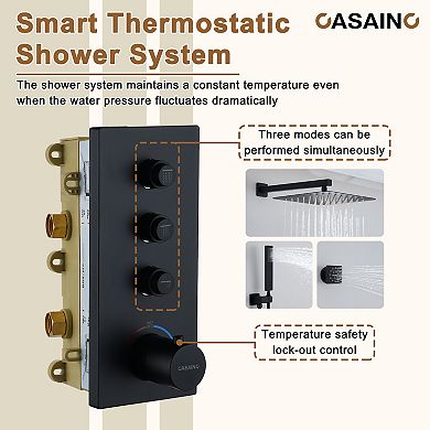 Luxury Thermostatic 2-Spray Patterns 12 in. Flush Wall Mount Rainfall Dual Shower Heads with 6-Jets