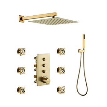 Luxury Thermostatic 2-Spray Patterns 12 in Flush Wall Mount Rainfall Dual Shower Heads with 6-Jets