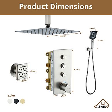 Thermostatic 3-Spray 12 in Flush Ceiling Mount Rainfall Dual Shower Heads with 6-Jets