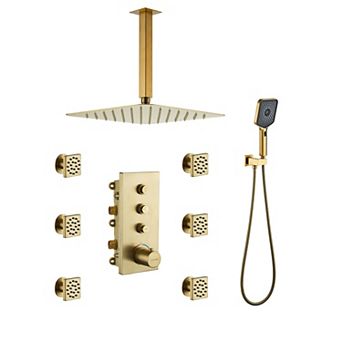 Thermostatic 3-Spray 12 in Flush Ceiling Mount Rainfall Dual Shower Heads with 6-Jets