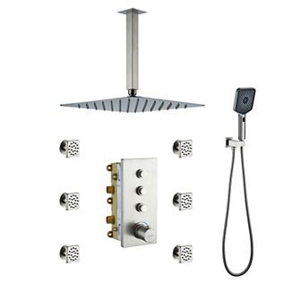 Thermostatic 3-Spray 12 in Flush Ceiling Mount Rainfall Dual Shower Heads with 6-Jets
