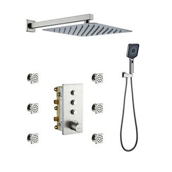 Luxury Thermostatic 3-Spray Patterns 12 in Flush Wall Mount Rainfall Dual Shower Heads with 6-Jets