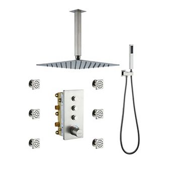 Thermostatic 2-Spray Patterns 12 in Dual Ceiling Mount Fixed and Handheld Shower Head with 6-Jets