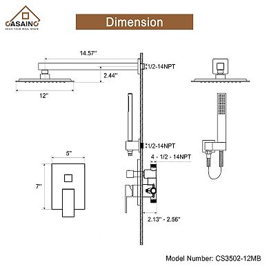 2-Function 12 in.Wall-Mounted Shower System with Handheld Shower