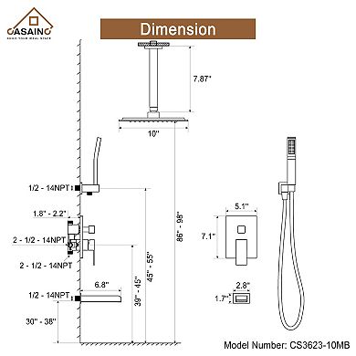 Ceiling Mount Rain Shower Head System With Cascading Tub Filler