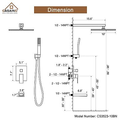 3-Function 10 in.Wall-Mounted Shower System with Handheld Shower and Bathtub Faucet