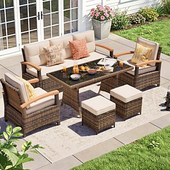 Decksplore 6 pc PE Wicker Patio Conversation Set Outdoor with 2 Wood Armrest Single Chairs