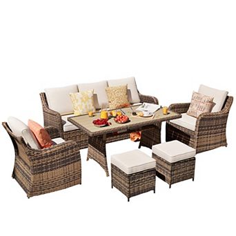Decksplore 6 pc Outdoor Conversation Set Wicker Patio Sectional Furniture Dining Table for Garden