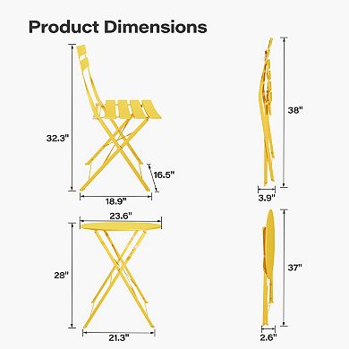 3-Piece Folding Bistro Set 2 Chairs and 1 Table Weather-Resistant Outdoor Indoor Conversation Set