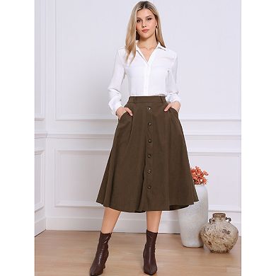High Waist Corduroy Skirt for Women's Button Front A-line Midi Skirts with Pockets Fall Winter