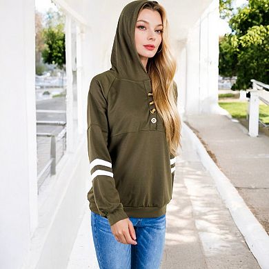 Women's Button-Front Hoodie with Stripe Sleeve Detail and Relaxed Fit