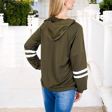 Women's Button-Front Hoodie with Stripe Sleeve Detail and Relaxed Fit