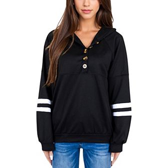 Women's Button-Front Hoodie with Stripe Sleeve Detail and Relaxed Fit