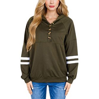 Women's Button-Front Hoodie with Stripe Sleeve Detail and Relaxed Fit