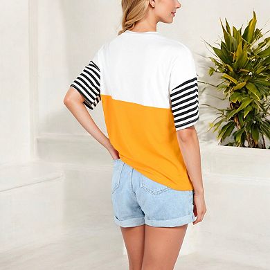 Women's Color Block T-Shirt with Striped Sleeves and Front Pocket Detail