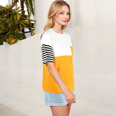Women's Color Block T-Shirt with Striped Sleeves and Front Pocket Detail