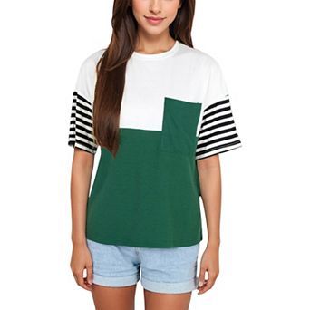 Women's Color Block T-Shirt with Striped Sleeves and Front Pocket Detail