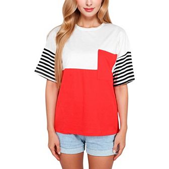 Women's Color Block T-Shirt with Striped Sleeves and Front Pocket Detail