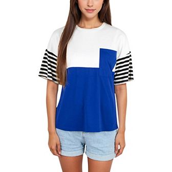Women's Color Block T-Shirt with Striped Sleeves and Front Pocket Detail