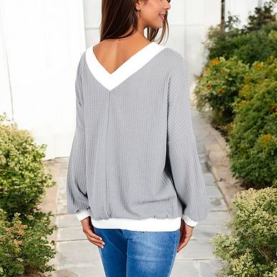Women's V-Neck Waffle Knit Long Sleeve Top with Contrast Trim and Relaxed Fit