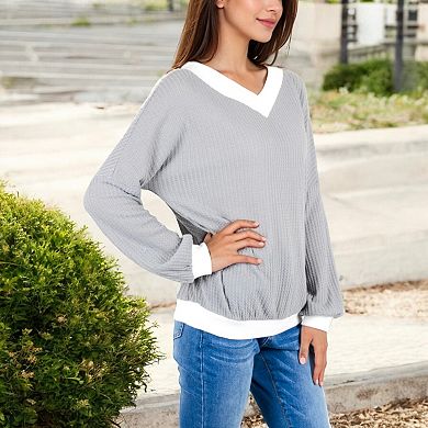 Women's V-Neck Waffle Knit Long Sleeve Top with Contrast Trim and Relaxed Fit