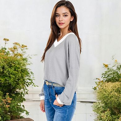 Women's V-Neck Waffle Knit Long Sleeve Top with Contrast Trim and Relaxed Fit