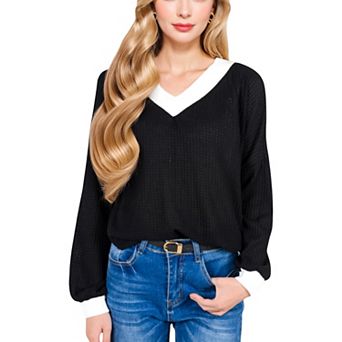 Women's V-Neck Waffle Knit Long Sleeve Top with Contrast Trim and Relaxed Fit