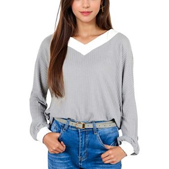 Women's V-Neck Waffle Knit Long Sleeve Top with Contrast Trim and Relaxed Fit