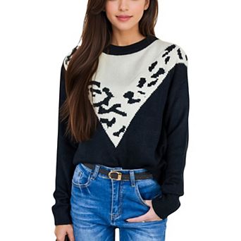 Women's Crew Neck Sweater with Contrast Leopard Print Chevron Design