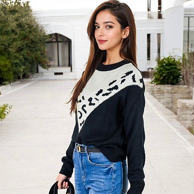 Women's Crew Neck Sweater with Contrast Leopard Print Chevron Design