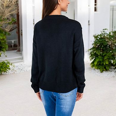 Women's Crew Neck Sweater with Contrast Leopard Print Chevron Design