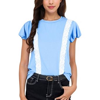 Women's Short Sleeve Top with Lace Trim Detail and Puff Sleeves