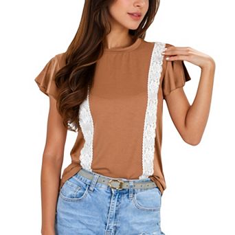 Women's Short Sleeve Top with Lace Trim Detail and Puff Sleeves