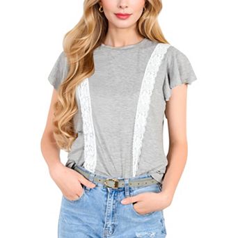 Women's Short Sleeve Top with Lace Trim Detail and Puff Sleeves