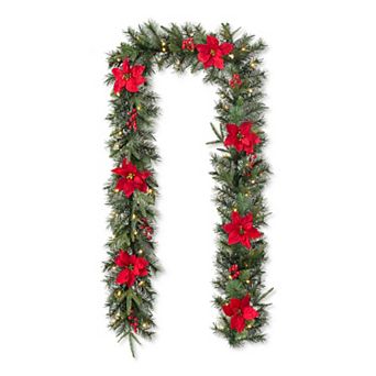 Glitzhome 9ft Pre-Lit Christmas Garlands, Greenery Pine Poinsettia and Red Berries Garland