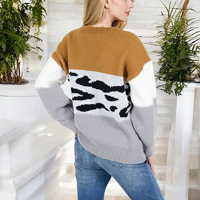 Women's Animal Print Color Block Sweater with Long Sleeves