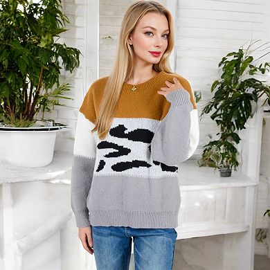 Women's Animal Print Color Block Sweater with Long Sleeves