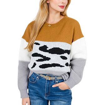 Women's Animal Print Color Block Sweater with Long Sleeves