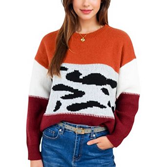 Women's Animal Print Color Block Sweater with Long Sleeves