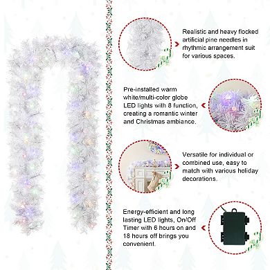 Glitzhome 9ft Christmas Garland, Pre-Lit Snow Flocked Pine Garland