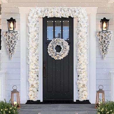 Glitzhome 9ft Christmas Garland, Pre-Lit Snow Flocked Pine Garland