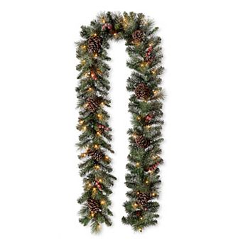 Glitzhome 9ft Pre-Lit Christmas Garland, Snow Flocked Greenery Pine Poinsettia Artificial Garland