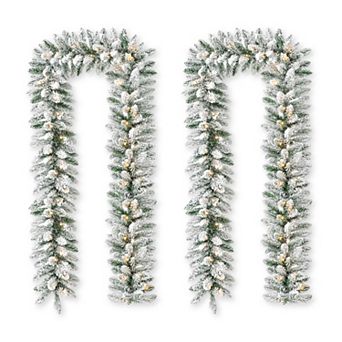 Glitzhome Set of 2 Christmas Garlands, 6ft Pre-Lit Snow Flocked Garlands