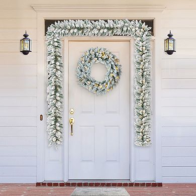 Glitzhome Set of 2 Christmas Garlands, 6ft Pre-Lit Snow Flocked Garlands