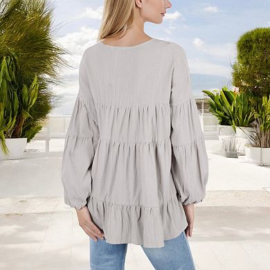 Women's V-Neck Tiered Babydoll Top with Long Puff Sleeves