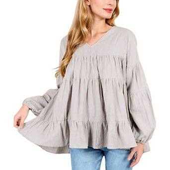 Women's V-Neck Tiered Babydoll Top with Long Puff Sleeves