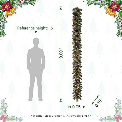 Glitzhome 9ft Prelit Christmas Garland, Glittered Garland with Pine Cones Berries Mixed Decorations